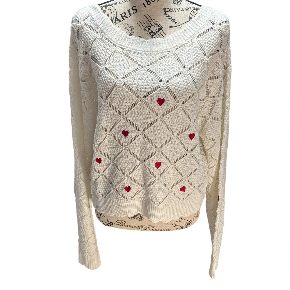 Aqua Blues Womens L Open Diamond Embroidery Heart Knit Scoop Neck‎ Sweater NWOT
